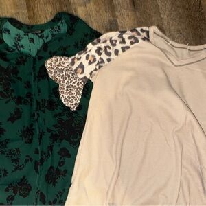 Green Floral Jacket and Beige Leopard Sleeve Top